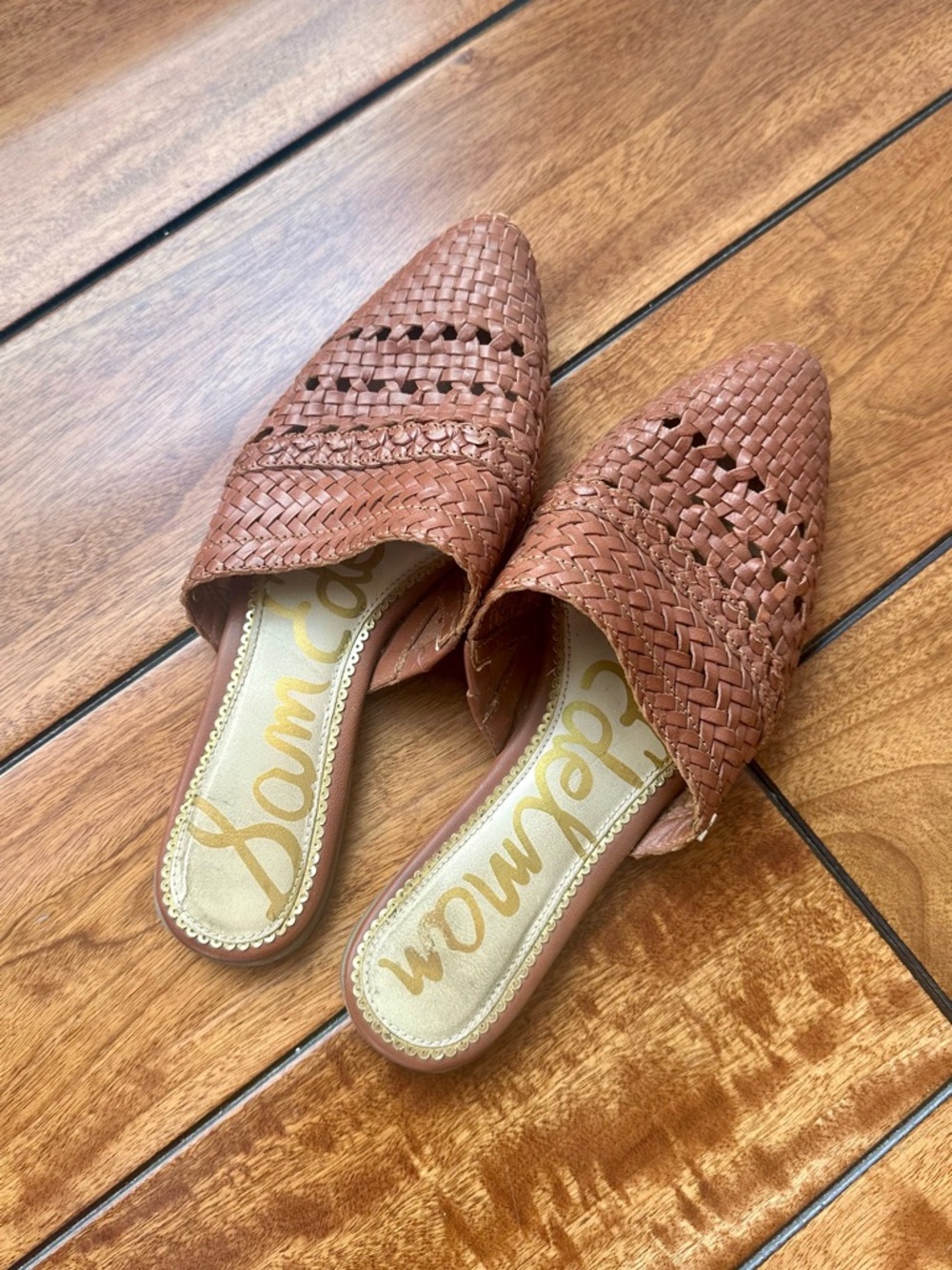 Sam Edelman Woven Pointed-Toe Natalya Mules in Cognac Brown